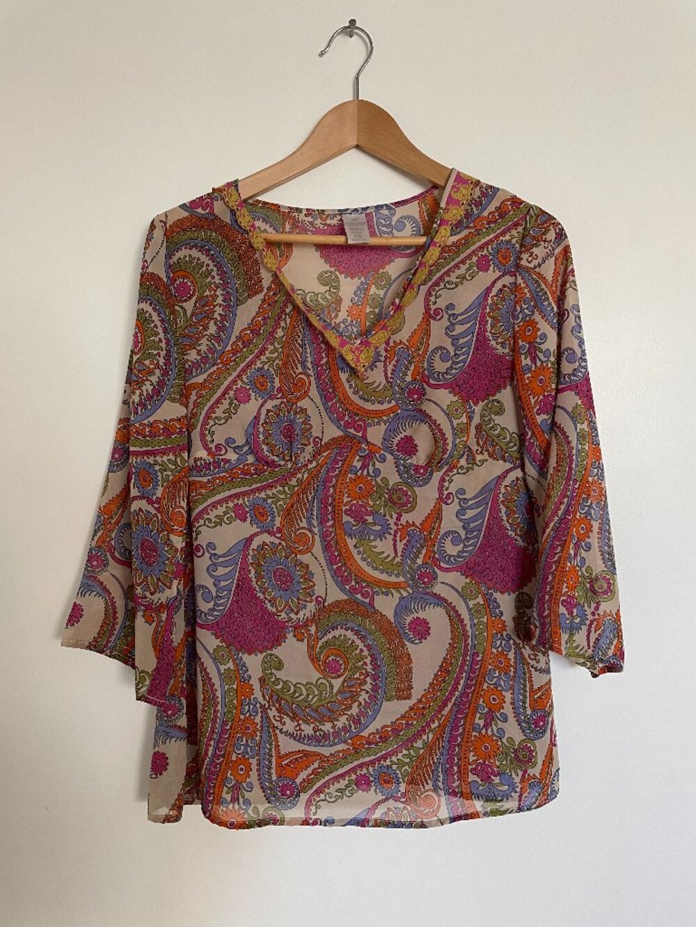 Paisley V-Neck Sheer Blouse in Pink, Orange & Purple Vintage 70s Festival Boho